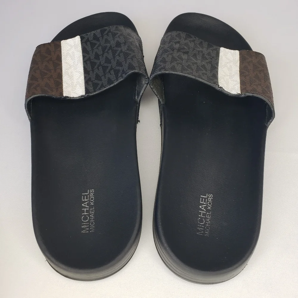 Michael Kors Black Brown Slide Mini Logo Sandals